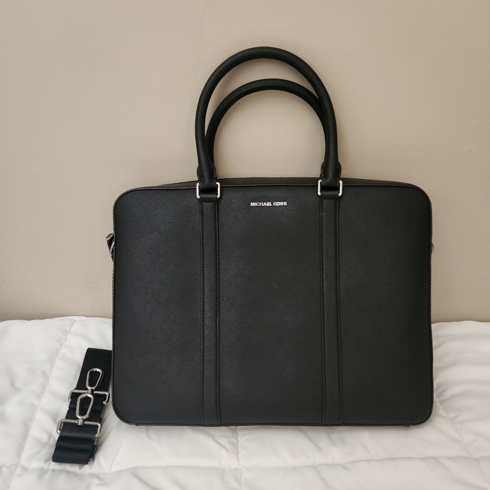Michael Kors Harrison Crossgrain Leather Briefcase Black
